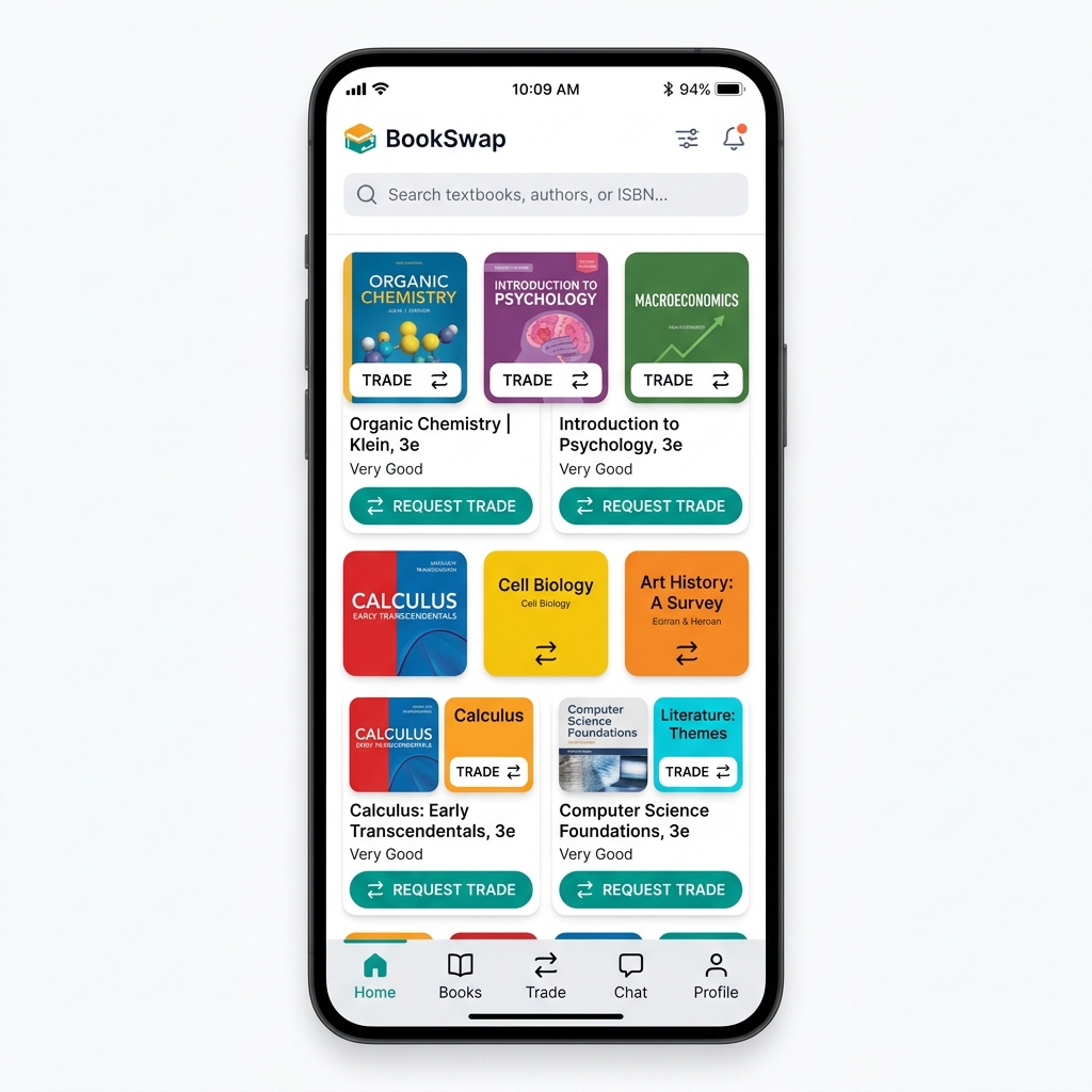 Family Trade app — Home screen with book trading grid