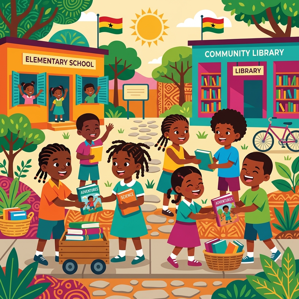 Children exchanging books in a vibrant Ghanaian community